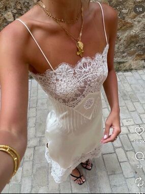 Zara viral Lace-Trim Satin Slip Dress — Ivory